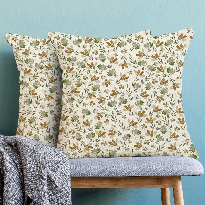 AEIOAE Spring Daisy Floral Pillow Covers 20 x 20 Inch Set of 2  Sage Green Brown Vintage Flowers Decorative Outdoor Throw Pillows Farmhouse Linen Block Print Floral Pillow Case for Sofa Couch Decor - Image 4
