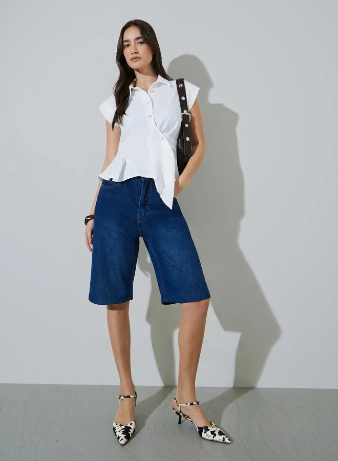 Styli White Solid Asymmetric Hem Wrap Blouse