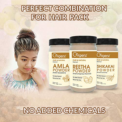 Origenz Natural Hair Care 3 Powders Combo 300 gm - Amla Reetha Shikakai Powder for Pack, Wash, Mask, Shampoo, Dandruff, Cleanser | In Jar (100gm X 3) - Image 3