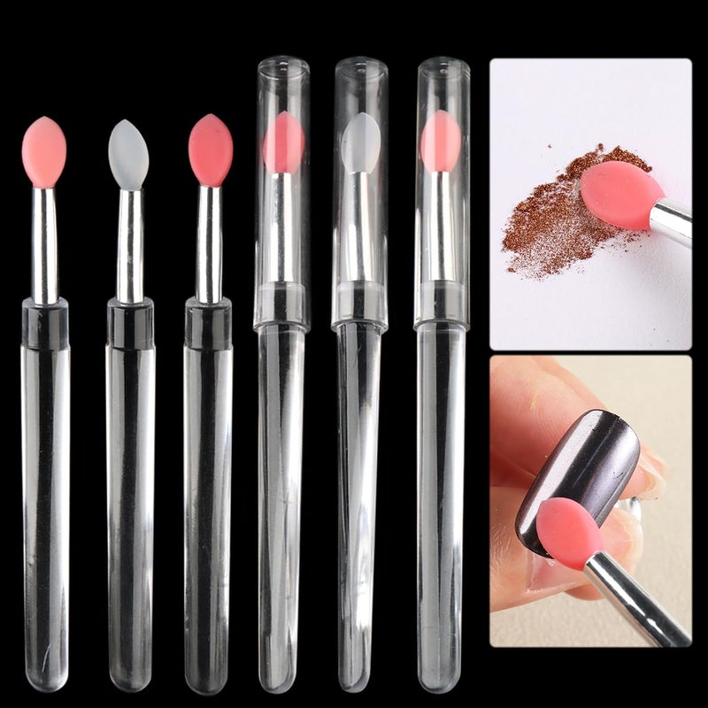 Fcozpjk 6Pcs Chrome Nail Powder Applicator Brushes, Silicone Head Nail Art Brushes With Cover, Reusable Nail Glitter Powder Pigment Pen Brush, Nail Art Applicator Tools, Lip Eyeshadow Makeup Stick - Image 1