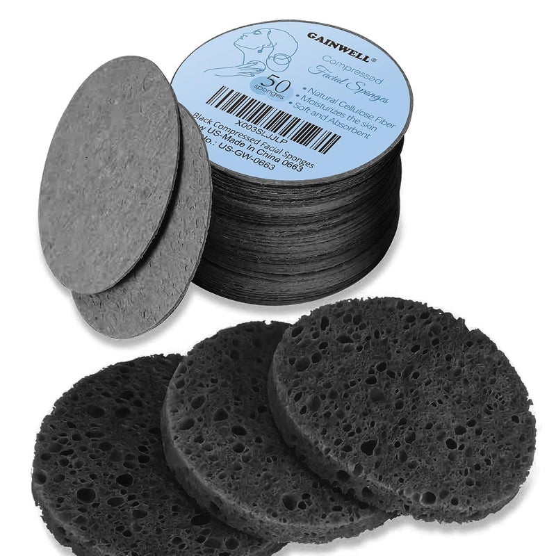 GAINWELL 50-Count Black Compressed Facial Sponges for Daily Facial Cleansing and Exfoliating, 100ï¼… Natural Cosmetic Spa Sponges for Makeup Remover, Reusable - Image 1
