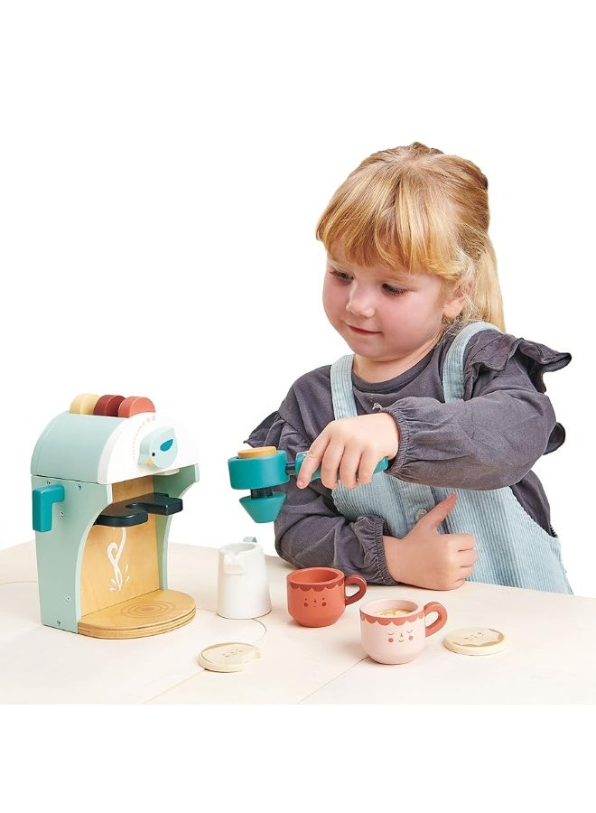 Tender Leaf Toys - Babyccino Maker - Wooden Coffee Machine Pretend Food Play Toy with Espresso Capsules and Cups - Made with Premium Materials and Craftsmanship - Age 3+ - Image 1