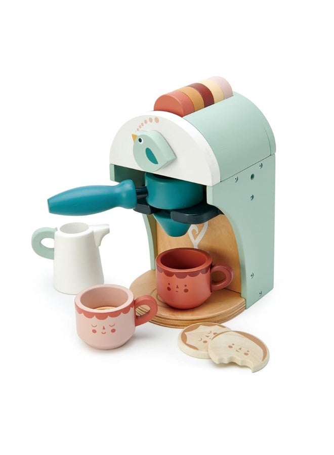 Tender Leaf Toys - Babyccino Maker - Wooden Coffee Machine Pretend Food Play Toy with Espresso Capsules and Cups - Made with Premium Materials and Craftsmanship - Age 3+ - Image 4