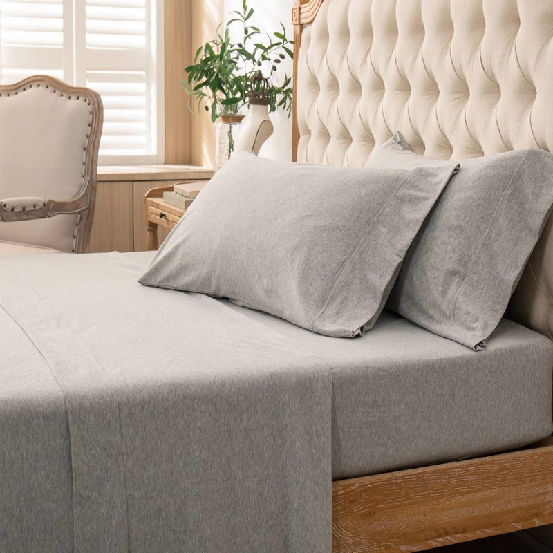 PURE ERA PURE ERA Jersey Knit 4pc Bed Sheet Set 100% T-Shirt Heather Cotton Super Soft Comfy Breathable Fits Mattress Up to 20"" Extra Deep Pocket (Heather Light Grey  Full)  - Image 5
