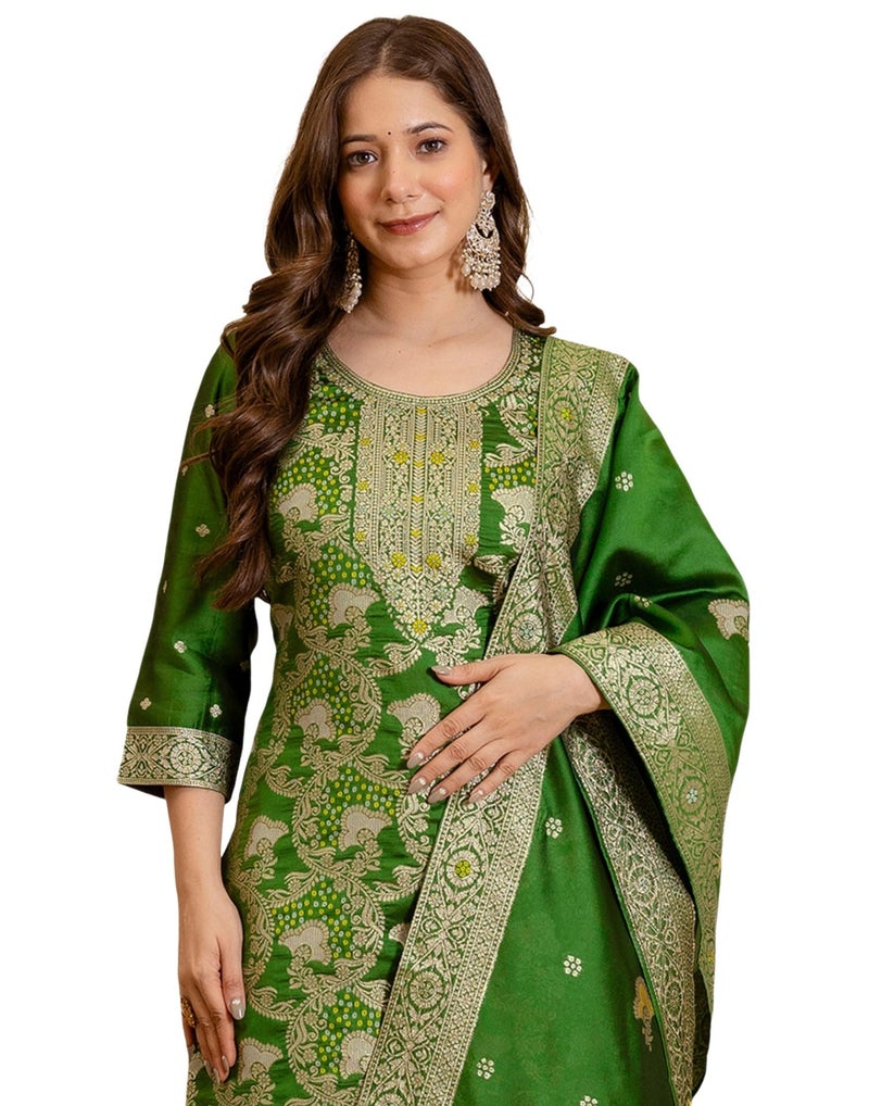 SIRIL Women's Tafetta Jacquard Kurta with Pant & Dupatta, Kurti Set for Woman (273KBD2865-L_Green) - Image 1