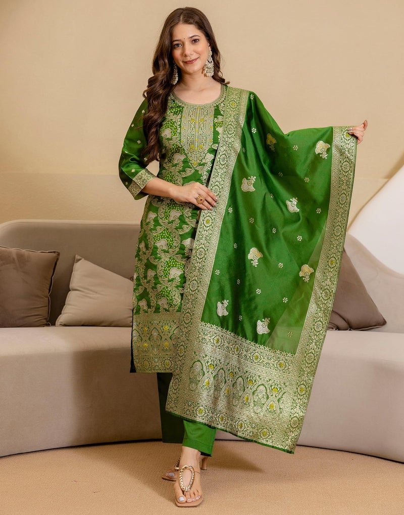 SIRIL Women's Tafetta Jacquard Kurta with Pant & Dupatta, Kurti Set for Woman (273KBD2865-L_Green) - Image 5