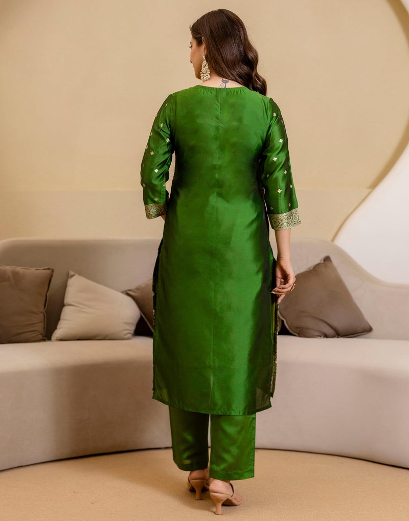 SIRIL Women's Tafetta Jacquard Kurta with Pant & Dupatta, Kurti Set for Woman (273KBD2865-L_Green) - Image 2