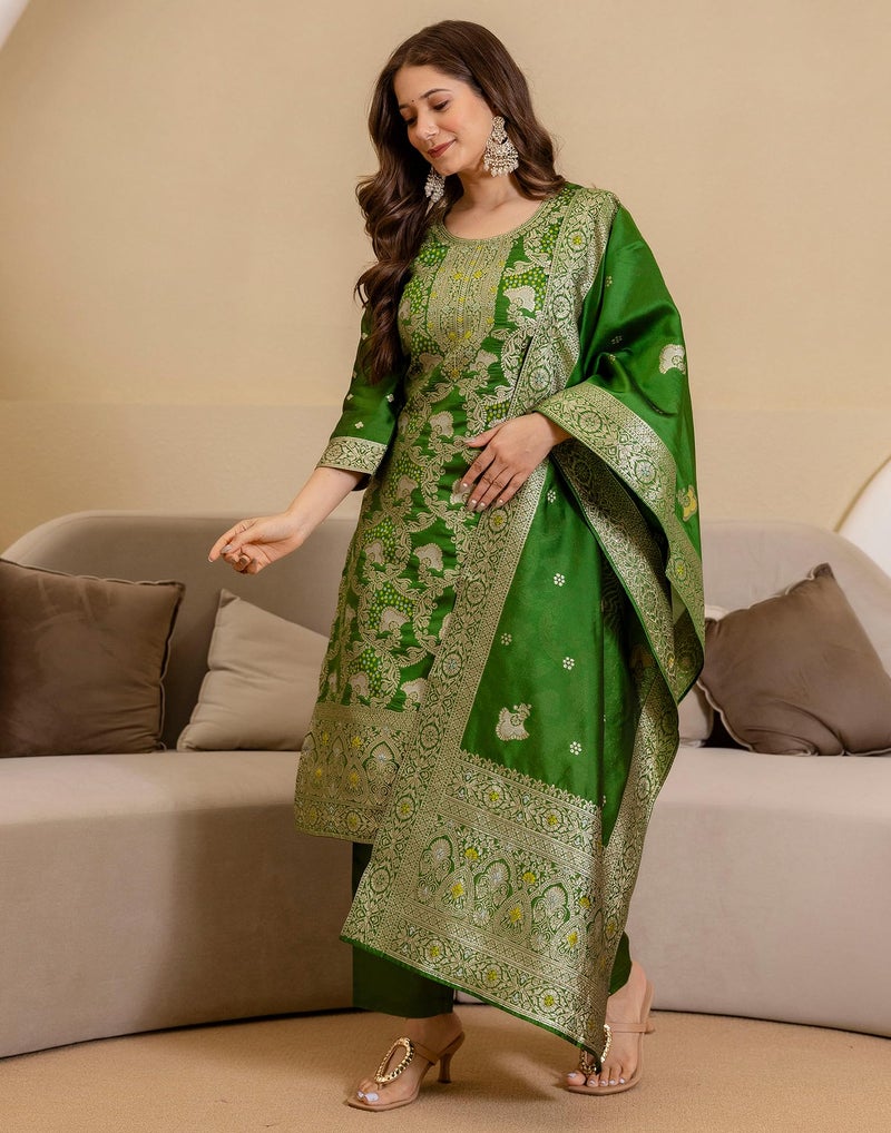 SIRIL Women's Tafetta Jacquard Kurta with Pant & Dupatta, Kurti Set for Woman (273KBD2865-L_Green) - Image 3