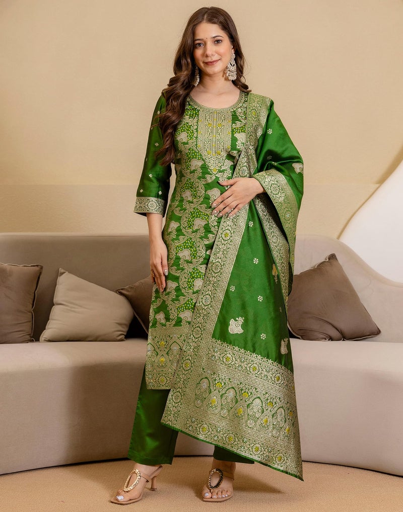 SIRIL Women's Tafetta Jacquard Kurta with Pant & Dupatta, Kurti Set for Woman (273KBD2865-L_Green) - Image 4