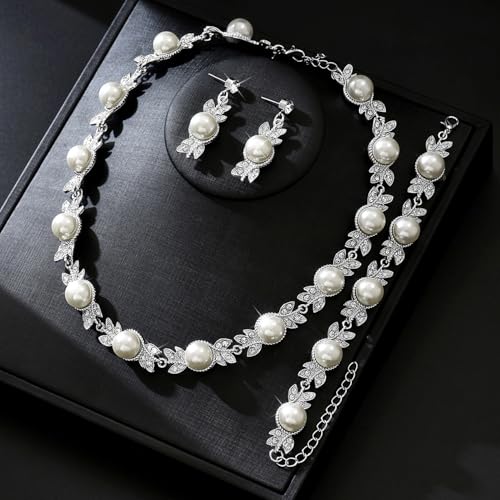 Peora Silver Plated Crystal & Pearl Studded Stylish Necklace Drop Earrings with Bracelet Set Fashion Jewellery for Women - Image 3