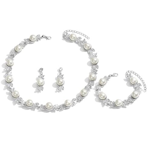 Peora Silver Plated Crystal & Pearl Studded Stylish Necklace Drop Earrings with Bracelet Set Fashion Jewellery for Women - Image 1
