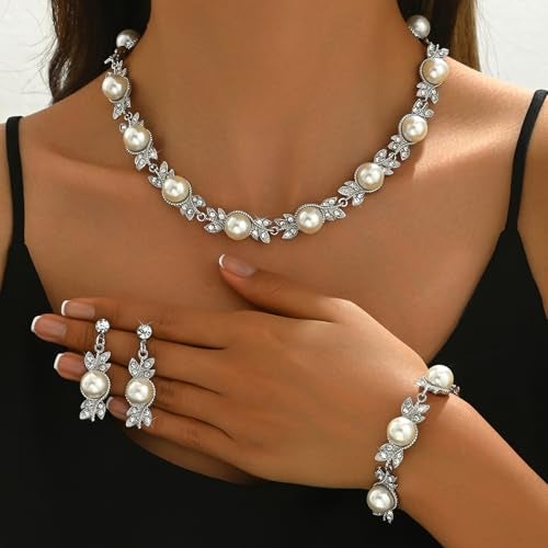 Peora Silver Plated Crystal & Pearl Studded Stylish Necklace Drop Earrings with Bracelet Set Fashion Jewellery for Women - Image 2