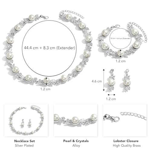 Peora Silver Plated Crystal & Pearl Studded Stylish Necklace Drop Earrings with Bracelet Set Fashion Jewellery for Women - Image 4