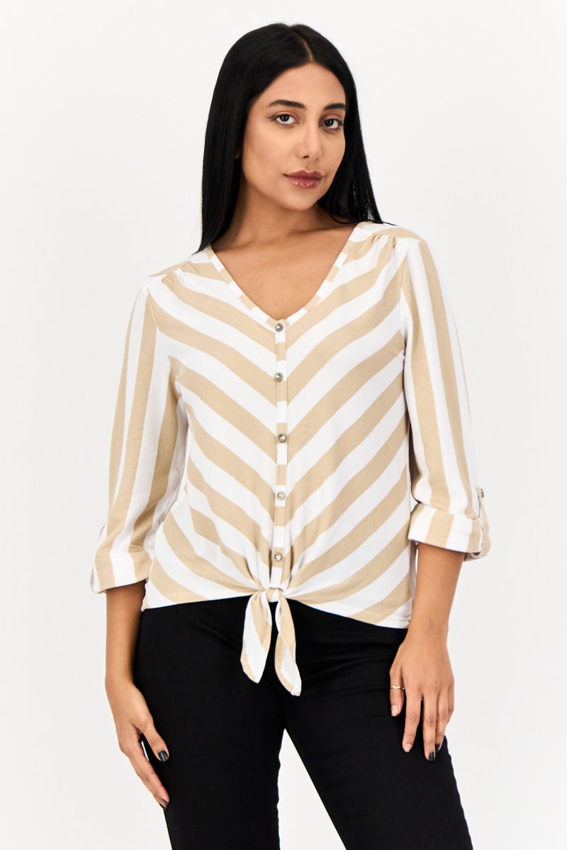 ADRIENNE VITTADINI Women V Neck 3/4 Sleeve Striped Blouse, Multicolor  - Image 1