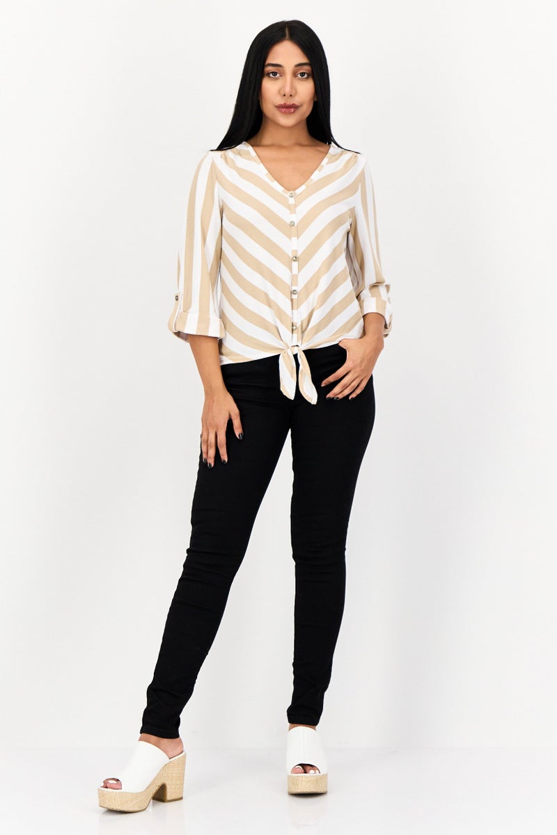 ADRIENNE VITTADINI Women V Neck 3/4 Sleeve Striped Blouse, Multicolor  - Image 4