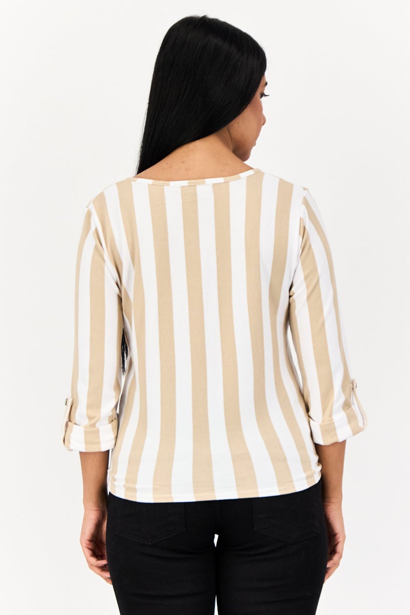 ADRIENNE VITTADINI Women V Neck 3/4 Sleeve Striped Blouse, Multicolor  - Image 3