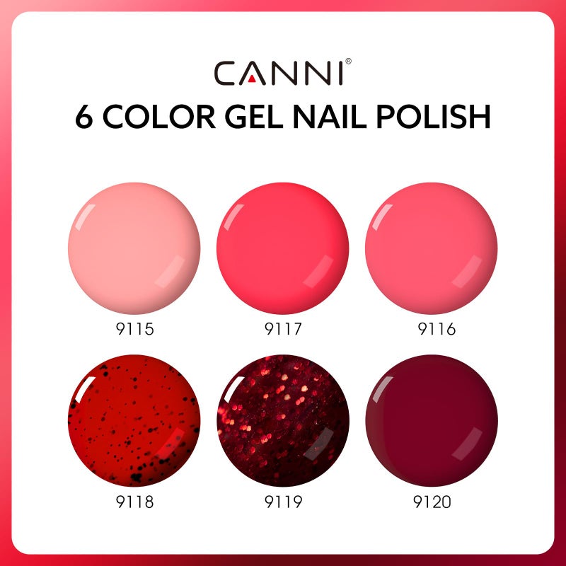 CANNI 6 Colors 9 ML Hema-Free Glitter Red Gel Nail Polish Set, Dark Cherry Red Gel Polish Kit, Soak Off LED Nail Gel Manicure Kit DIY at Home Salon Gifts - Image 2