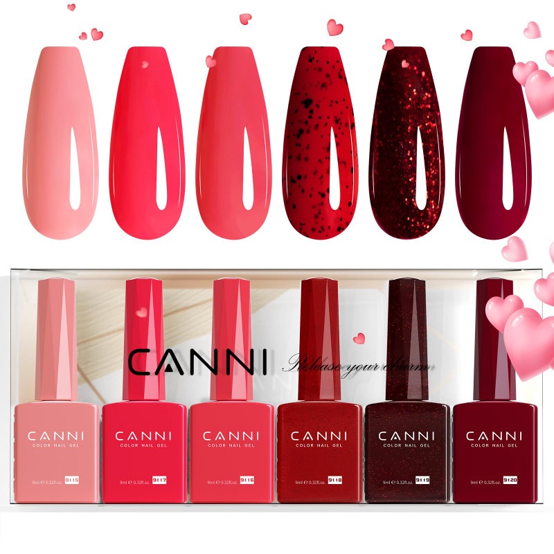 CANNI 6 Colors 9 ML Hema-Free Glitter Red Gel Nail Polish Set, Dark Cherry Red Gel Polish Kit, Soak Off LED Nail Gel Manicure Kit DIY at Home Salon Gifts - Image 1