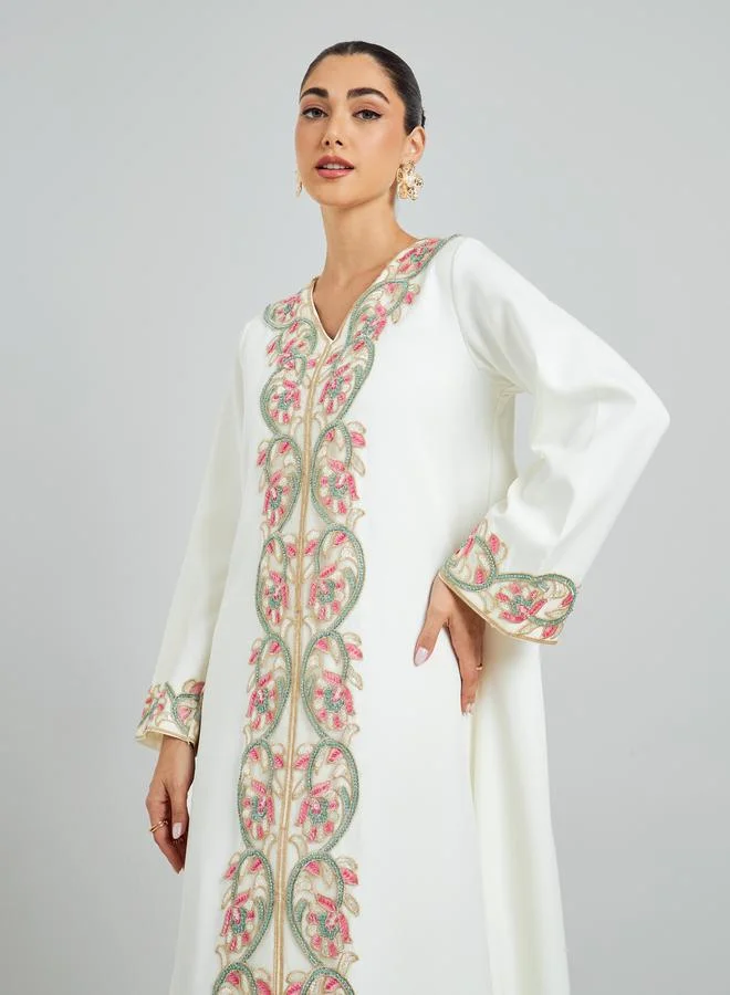Amirah Cream Floral Embroidered A-Line Kaftan