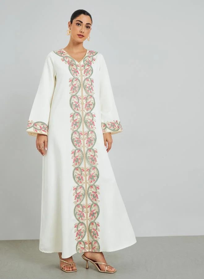 Amirah Cream Floral Embroidered A-Line Kaftan