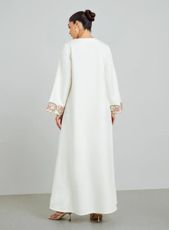 Amirah Cream Floral Embroidered A-Line Kaftan