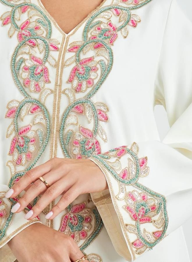 Amirah Cream Floral Embroidered A-Line Kaftan