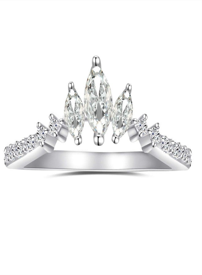 espere Rhodium Plated Sterling Silver Tiara & Crown Dainty Curved Wedding Band Ring Marquise Cut 3-Stone V Arched Promise Ring Size 9 - Image 1