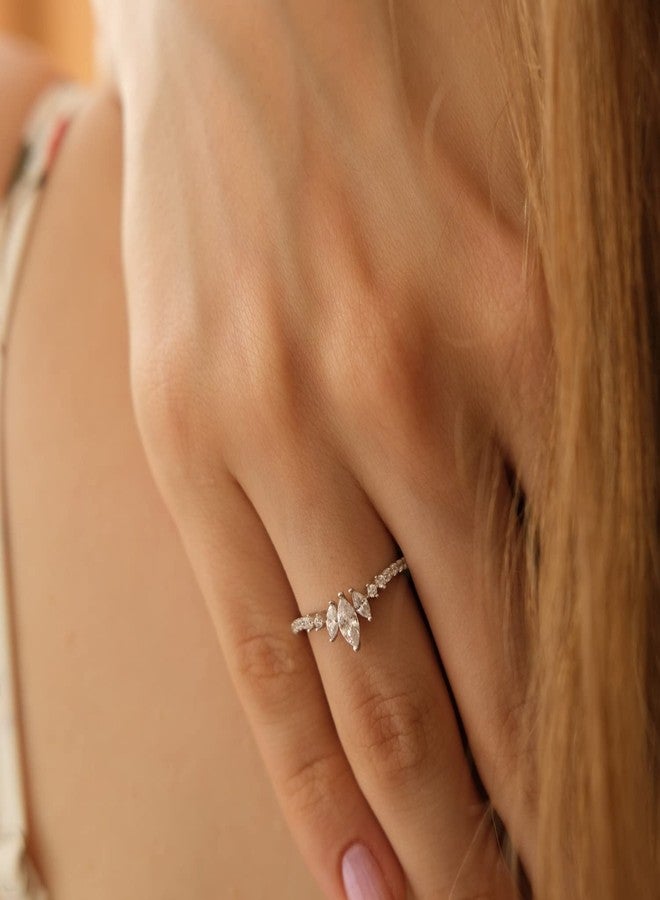 espere Rhodium Plated Sterling Silver Tiara & Crown Dainty Curved Wedding Band Ring Marquise Cut 3-Stone V Arched Promise Ring Size 9 - Image 4