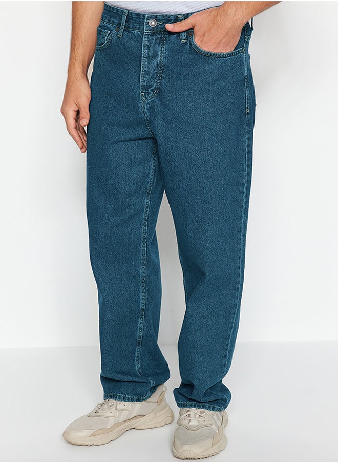 trendyol Navy Blue Vintage Look Baggy Fit Jeans Denim Trousers TMNAW24JE00027  - Image 1