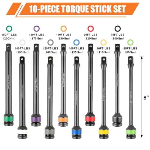 Siapupy Torque Limiting Extension Bar Kit, 10 Piece 1/2" Drive Torque Wrench Set with Color-Coded Torque Sticks (65-150 Ft-Lbs), Compatible with 1/2" Drive Tools for Lug Nuts, Automotive Repair - Image 3