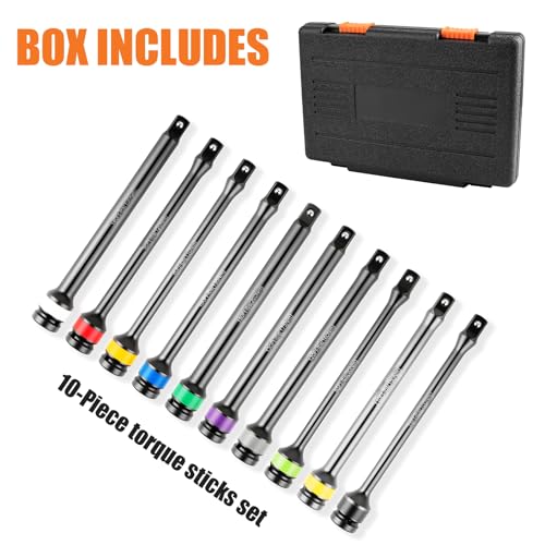 Siapupy Torque Limiting Extension Bar Kit, 10 Piece 1/2" Drive Torque Wrench Set with Color-Coded Torque Sticks (65-150 Ft-Lbs), Compatible with 1/2" Drive Tools for Lug Nuts, Automotive Repair - Image 2