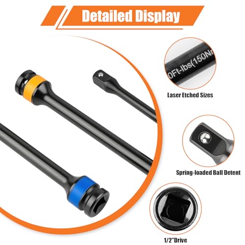 Siapupy Torque Limiting Extension Bar Kit, 10 Piece 1/2" Drive Torque Wrench Set with Color-Coded Torque Sticks (65-150 Ft-Lbs), Compatible with 1/2" Drive Tools for Lug Nuts, Automotive Repair - Image 4