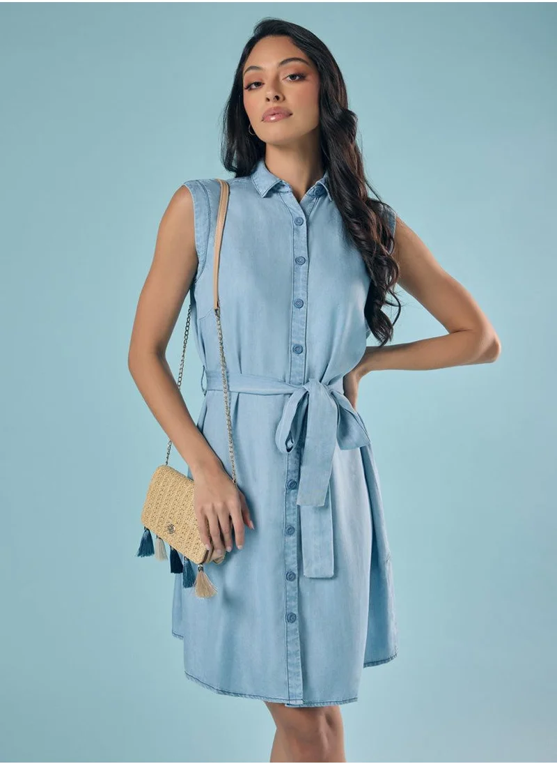 Zigzag Chambray Sleeveless Shirt Dress