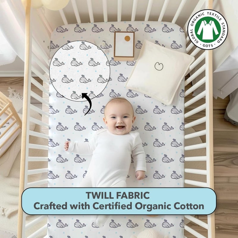 The White Cradle Cotton Baby Crib Fitted Bed Sheets for Cot Organic Twill Fabric Baby Bedding for New Born Infants Toddlers 48x24 Pack of 1 The White Cradle Grey Whale with Blue Dots  - Image 2
