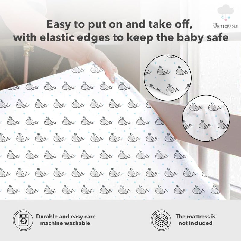 The White Cradle Cotton Baby Crib Fitted Bed Sheets for Cot Organic Twill Fabric Baby Bedding for New Born Infants Toddlers 48x24 Pack of 1 The White Cradle Grey Whale with Blue Dots  - Image 3