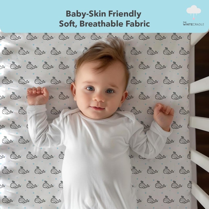 The White Cradle Cotton Baby Crib Fitted Bed Sheets for Cot Organic Twill Fabric Baby Bedding for New Born Infants Toddlers 48x24 Pack of 1 The White Cradle Grey Whale with Blue Dots  - Image 4