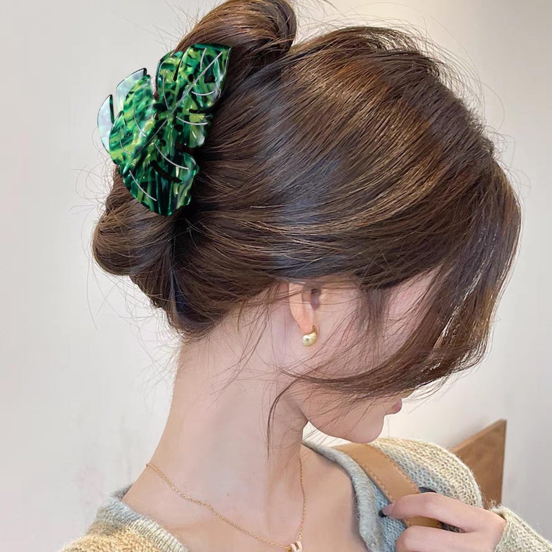 LSVOZ Hair Claw Clip Green Leaf Shape 3.5 Inch Hair Grip Clip French Design Women Girls Spring Hair Accessories Strong Hold for Thick Thin Hair - Image 2