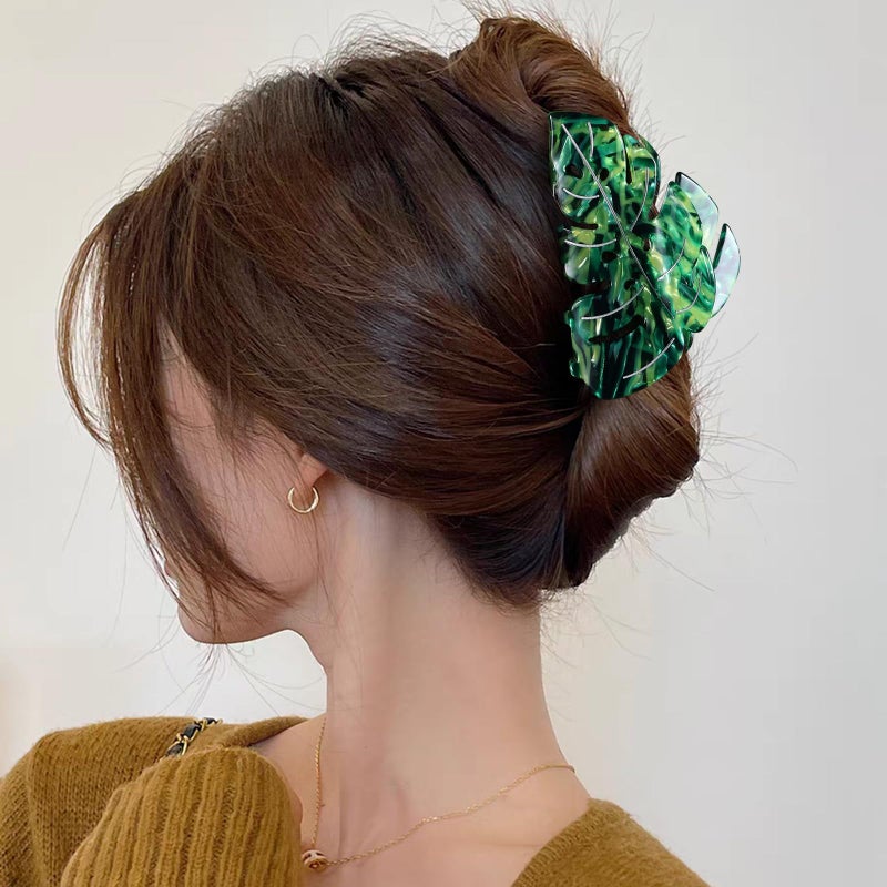 LSVOZ Hair Claw Clip Green Leaf Shape 3.5 Inch Hair Grip Clip French Design Women Girls Spring Hair Accessories Strong Hold for Thick Thin Hair - Image 3