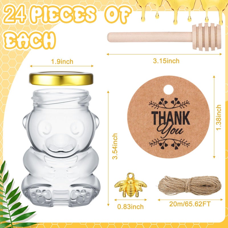 Pickmesh 24 Set 4 oz Bear Shaped Rosh Hashanah Glass Honey Jars with Dipper Bee Pendants Tags Twine Honey Jars Party Favors Small Bear Bottle Container for Baby Shower Wedding Favors(Gold Lids) - Image 2