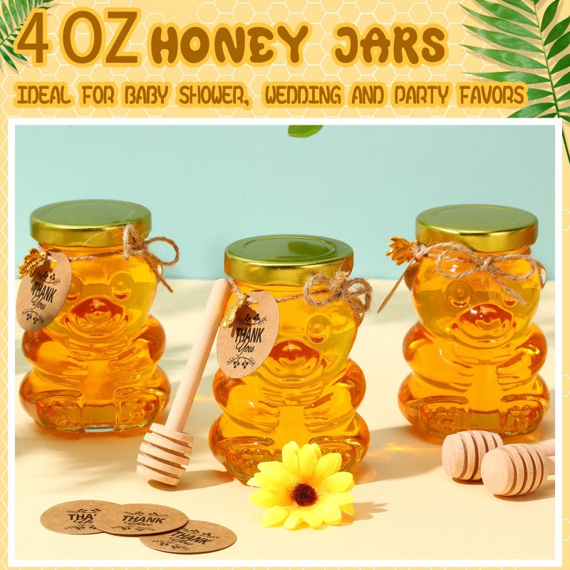 Pickmesh 24 Set 4 oz Bear Shaped Rosh Hashanah Glass Honey Jars with Dipper Bee Pendants Tags Twine Honey Jars Party Favors Small Bear Bottle Container for Baby Shower Wedding Favors(Gold Lids) - Image 5