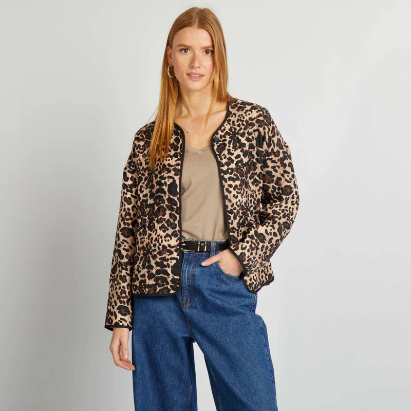 Kiabi Quilted Leopard Print Jacket Brown