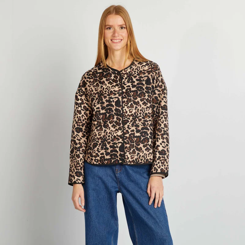 Kiabi Quilted Leopard Print Jacket Brown