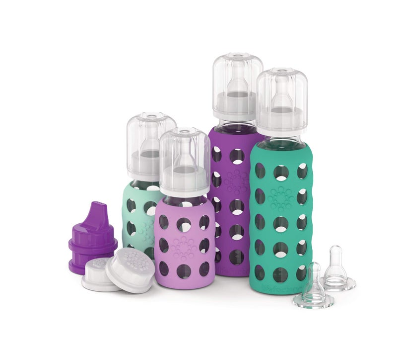 Lifefactory Baby Bottle Starter Set 10-Piece | 4 oz Mint & Lavender, 9 oz Kale & Grape | Includes Flat Caps, Sippy Caps, Stage 2 Nipples - Image 1