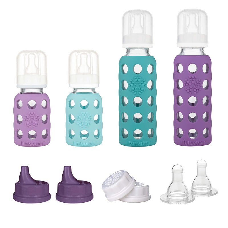 Lifefactory Baby Bottle Starter Set 10-Piece | 4 oz Mint & Lavender, 9 oz Kale & Grape | Includes Flat Caps, Sippy Caps, Stage 2 Nipples - Image 2