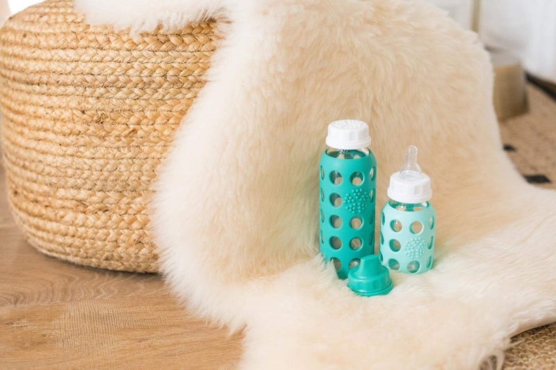 Lifefactory Baby Bottle Starter Set 10-Piece | 4 oz Mint & Lavender, 9 oz Kale & Grape | Includes Flat Caps, Sippy Caps, Stage 2 Nipples - Image 4