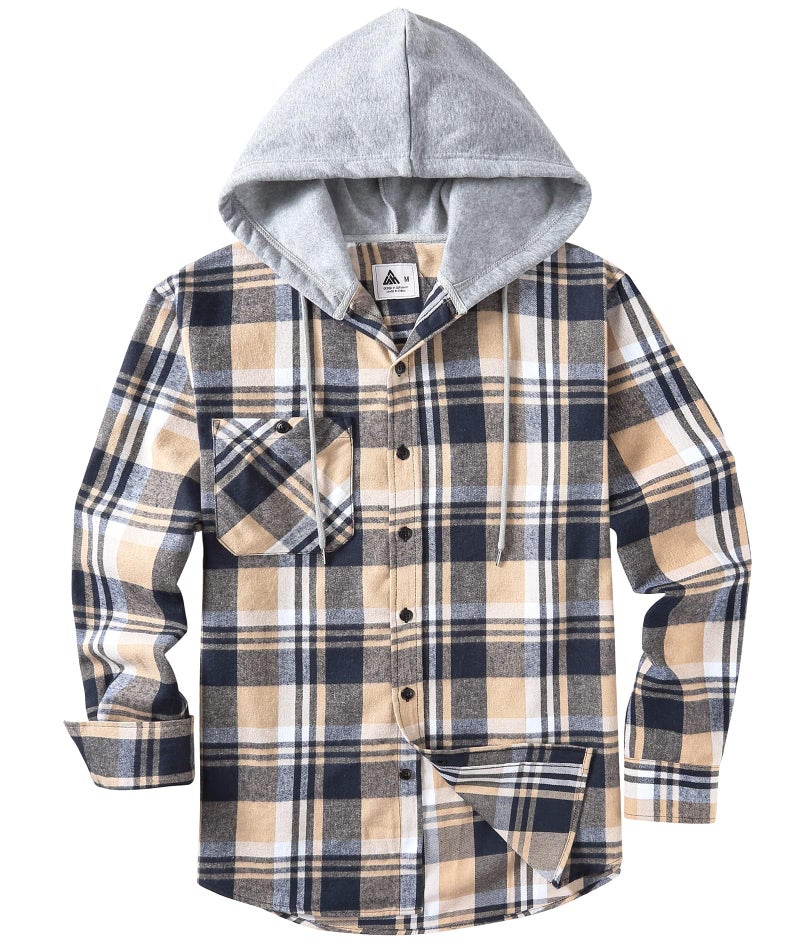 ZITY Men's Flannel Hoodie Shirts Casual Button Down Plaid Shirt Jackets for Men Long Sleeve Stylish Hooded with Pocket Navybeigewhite XX-Large - Image 3