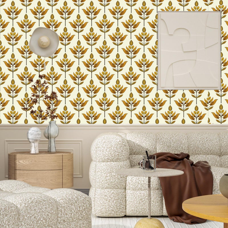 BOKEBEVE Floral Wallpaepr Peel and Stick Modern Symmetry Leaves Wall Paper Boho Contact Paper for Cabient Accent Wall Bedroom Bathroom Removable Beige Gold Yellow 17.5 x 393.5In - Image 2