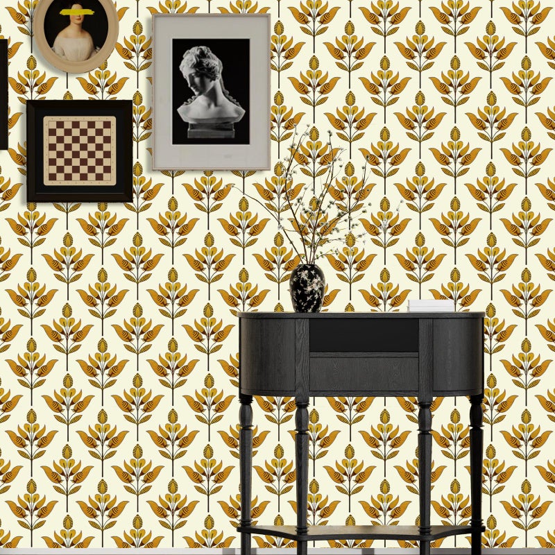 BOKEBEVE Floral Wallpaepr Peel and Stick Modern Symmetry Leaves Wall Paper Boho Contact Paper for Cabient Accent Wall Bedroom Bathroom Removable Beige Gold Yellow 17.5 x 393.5In - Image 4