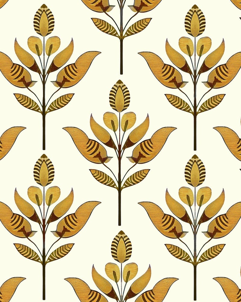 BOKEBEVE Floral Wallpaepr Peel and Stick Modern Symmetry Leaves Wall Paper Boho Contact Paper for Cabient Accent Wall Bedroom Bathroom Removable Beige Gold Yellow 17.5 x 393.5In - Image 1