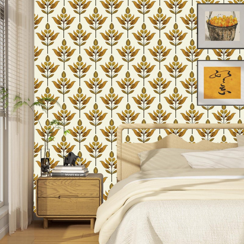BOKEBEVE Floral Wallpaepr Peel and Stick Modern Symmetry Leaves Wall Paper Boho Contact Paper for Cabient Accent Wall Bedroom Bathroom Removable Beige Gold Yellow 17.5 x 393.5In - Image 3
